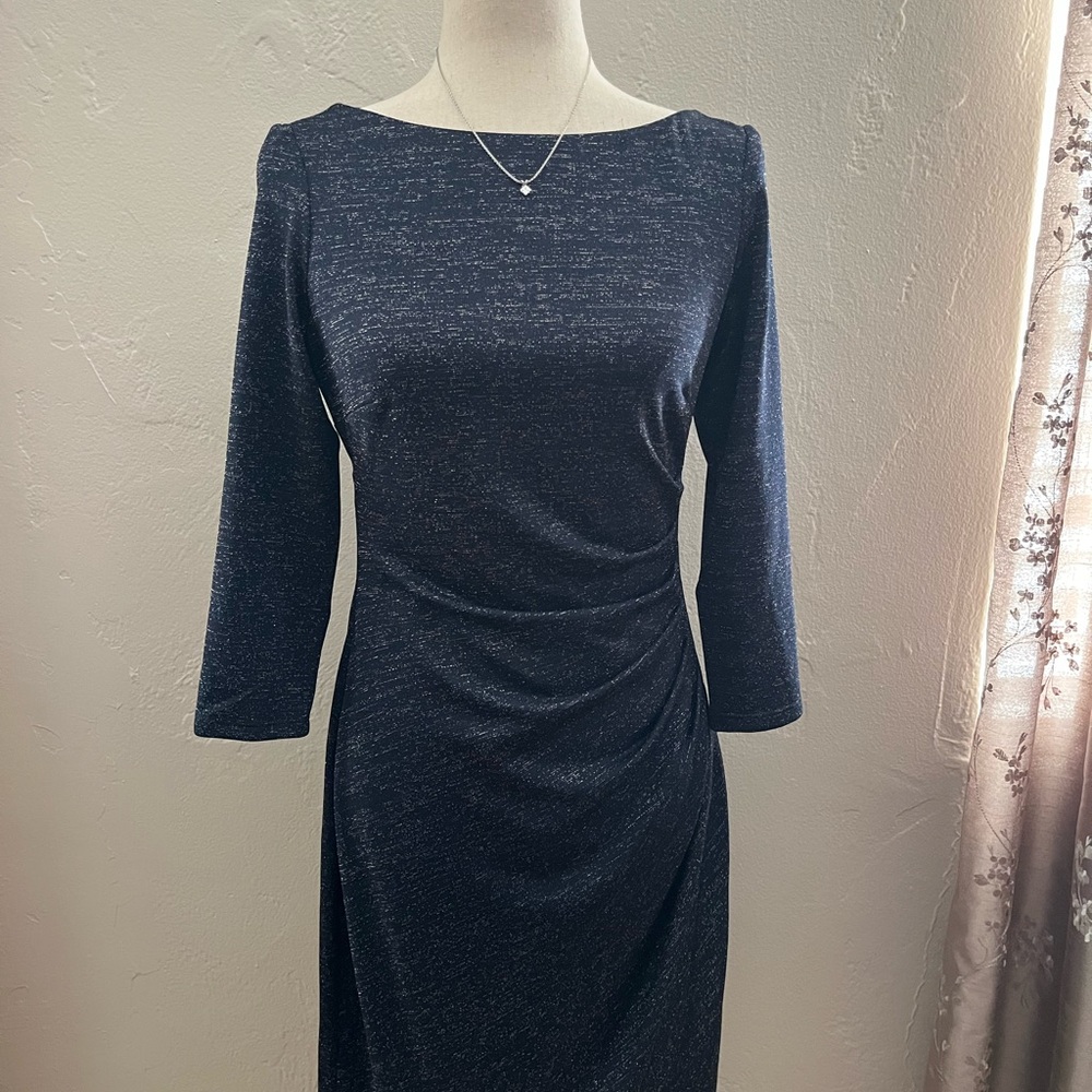 Chaps Size 6 Navy with Silver Sparkle Ruched Sheath Evening Dress